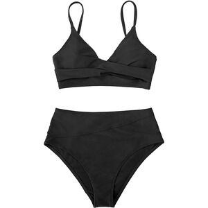 CUPSHE Black High-Waisted Twist Front Two-Piece Swimsuit‎ Small